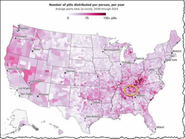 DEA pain pill distribution map showing high prescription opioid volume in Maury County, Tennessee near Columbia TN