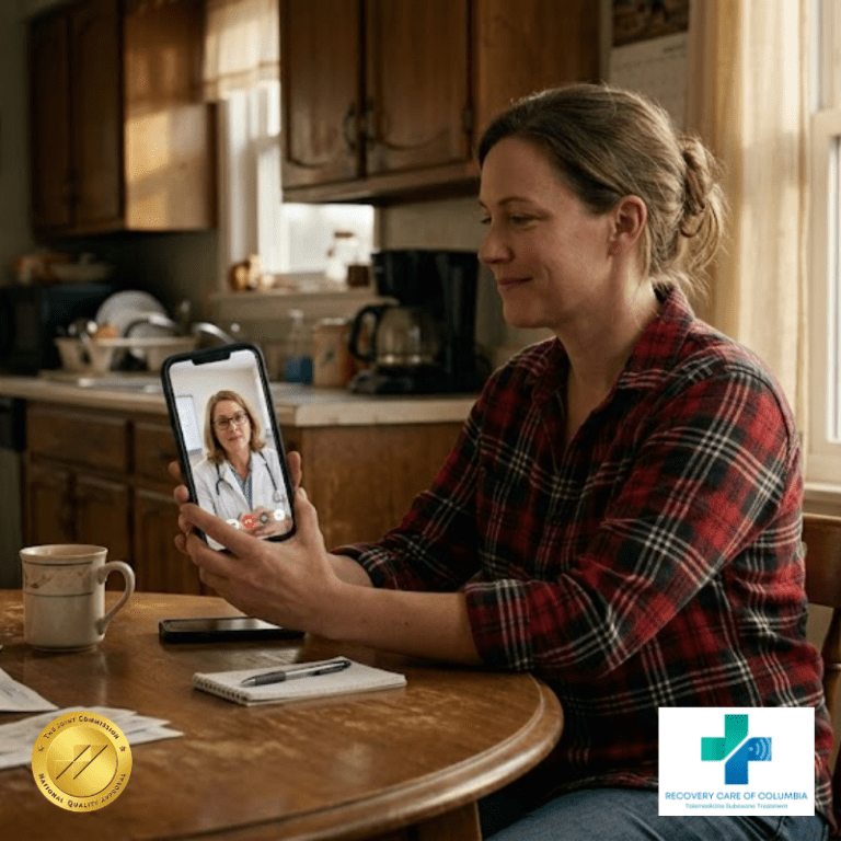 Patient using smartphone for Amerigroup Suboxone telemedicine appointment in Tennessee