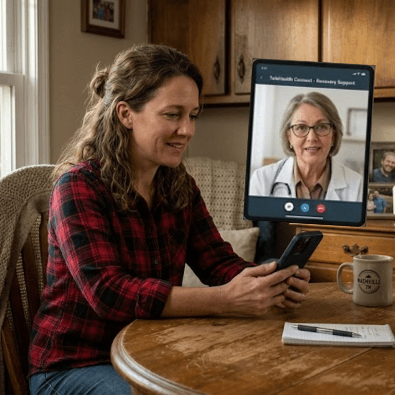 Patient using smartphone for BCBS-covered Suboxone telemedicine appointment in Tennessee