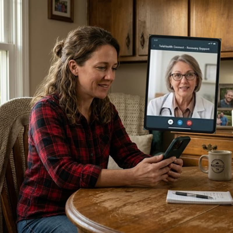 Patient using smartphone for BCBS-covered Suboxone telemedicine appointment in Tennessee