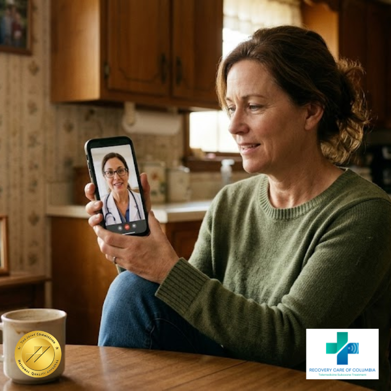 Patient attending a virtual Suboxone telemedicine appointment on smartphone in Tennessee