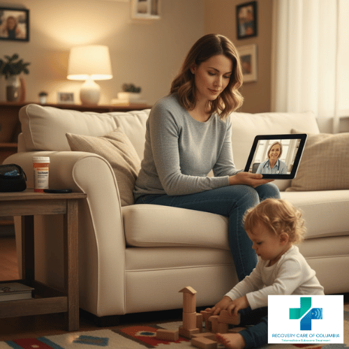 Tennessee mother with toddler attending telehealth Suboxone and diabetes care appointment at home