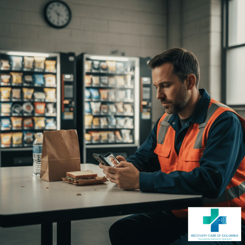 Tennessee worker using smartphone in break room for online Suboxone telehealth appointment