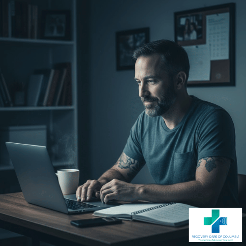 Man in Tennessee home office using laptop for Suboxone telehealth session