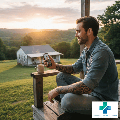 Man on a rural porch during sunrise having a telehealth call about Suboxone treatment