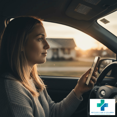 Woman in car at sunset attending virtual Suboxone telehealth appointment using United Healthcare