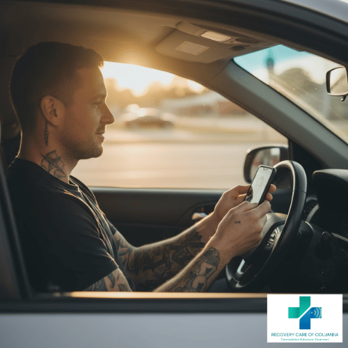 Man in parked car using smartphone for Suboxone telehealth appointment during golden hour