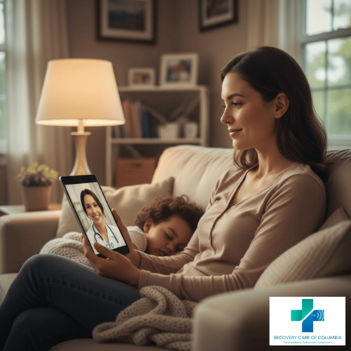 Tennessee mother using tablet for virtual Suboxone appointment while child sleeps nearby