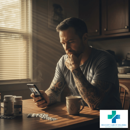 Tennessee man sitting at kitchen table during morning telehealth call about opioid recovery