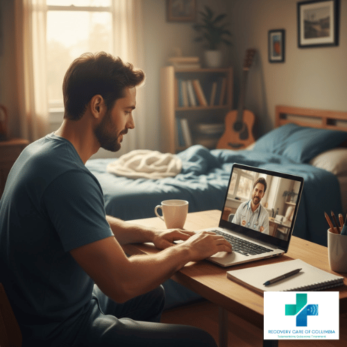 A man sits at his desk on a laptop for a morning Suboxone telemedicine appointment.