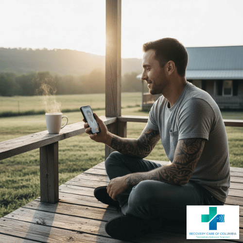 Man on porch in Tennessee using smartphone for virtual Suboxone telehealth appointment
