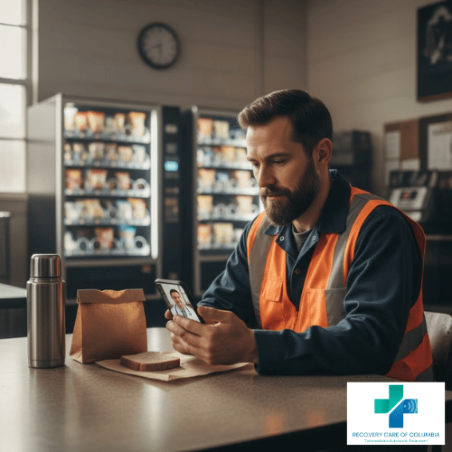 Tennessee worker using smartphone in break room for online Suboxone appointment