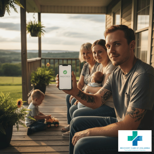 Tennessee family sitting on porch feeling relieved after successful opioid addiction intervention