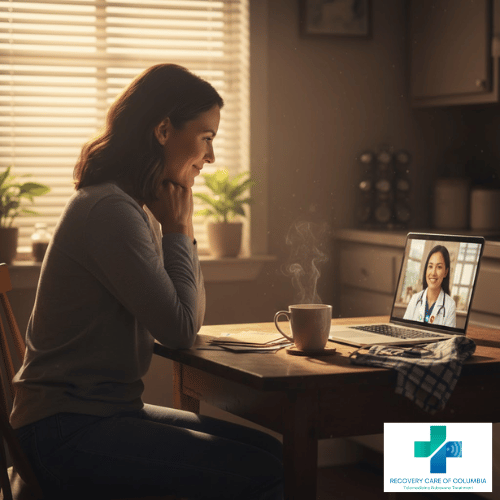 Woman in Tennessee using laptop at kitchen table for same-day Suboxone telehealth appointment