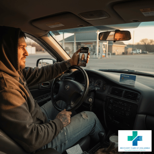 Man in car at sunset on a telehealth Suboxone appointment, using Wellpoint insurance for addiction treatment in Tennessee