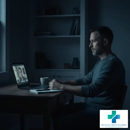 Tennessee man at home office using laptop for nighttime Suboxone telehealth appointment