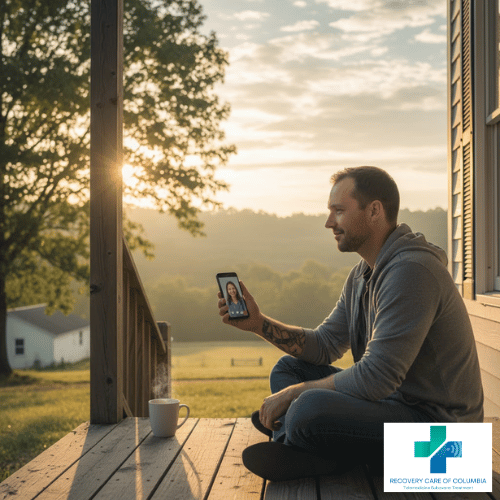 Tennessee man sitting on porch using smartphone for virtual Suboxone telehealth appointment at sunrise