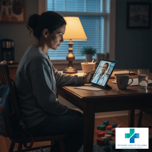 A mother sits at her kitchen table at night on a telehealth call with her TennCare Suboxone doctor.