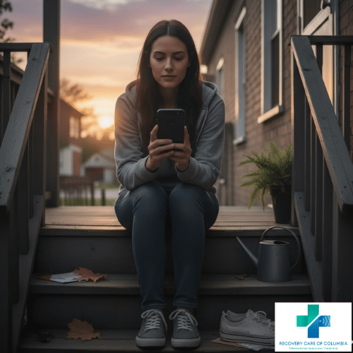A young woman on a porch looking at her phone during a telehealth appointment.