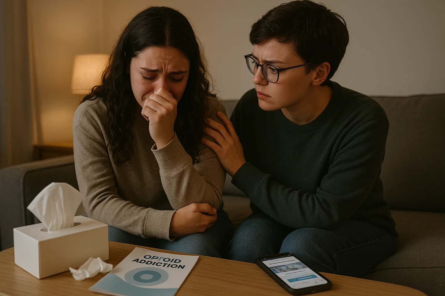 Person comforting a loved one struggling with opioid addiction, seated in a supportive home setting