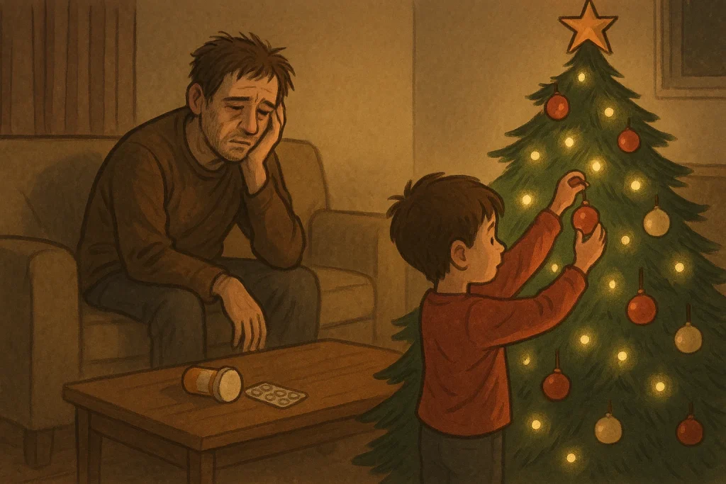 A struggling parent watching their child play alone, representing the emotional impact of opioid addiction on families.