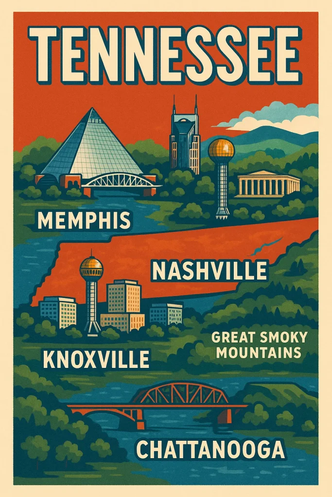 Illustrated map of Tennessee featuring landmarks in Memphis, Nashville, Knoxville, and Chattanooga, with the Great Smoky Mountains.