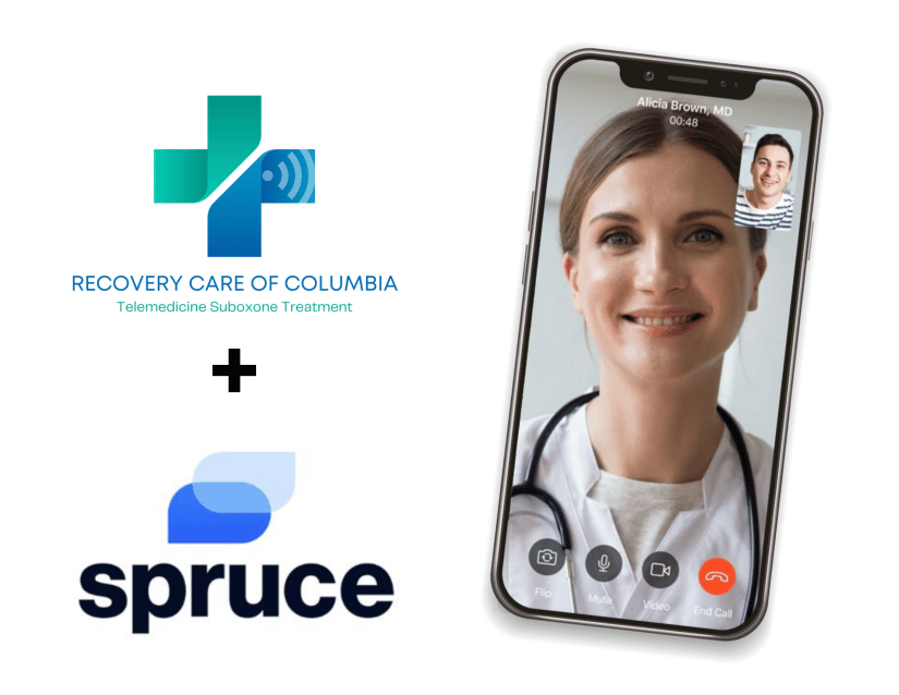 Screenshot of Recovery Care of Columbia's telemedicine app, illustrating virtual access to addiction treatment and Suboxone medication management.