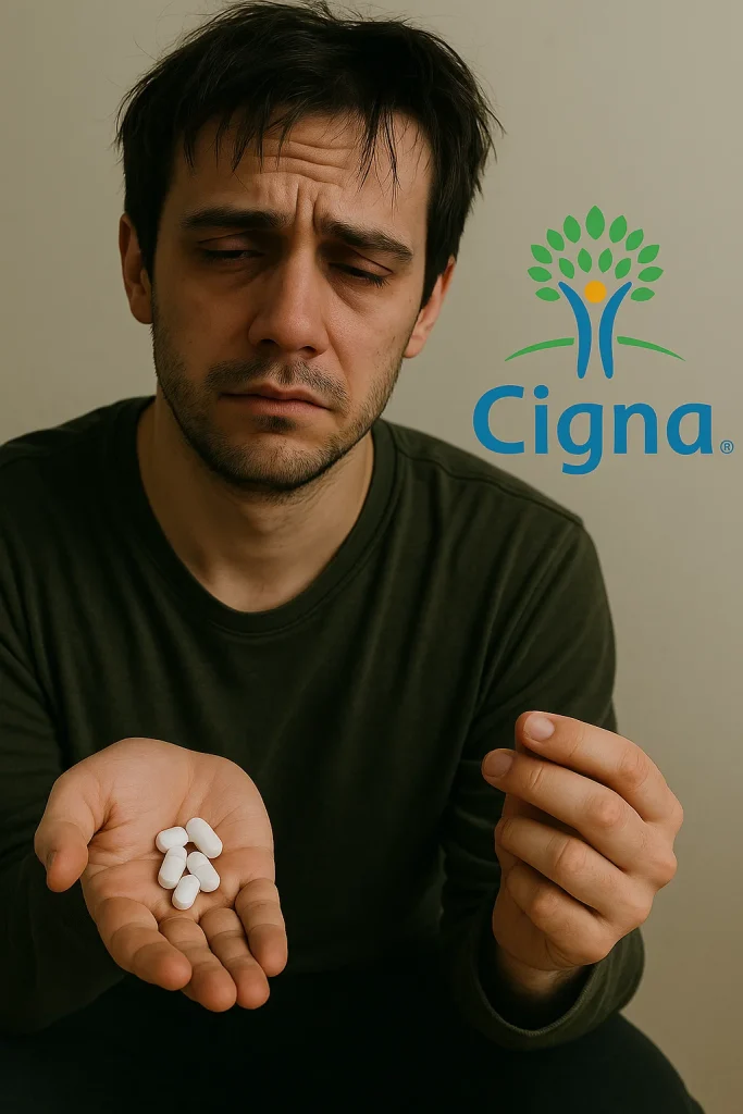 Man struggling with opioid addiction holding pills, seeking virtual Suboxone treatment covered by Cigna insurance