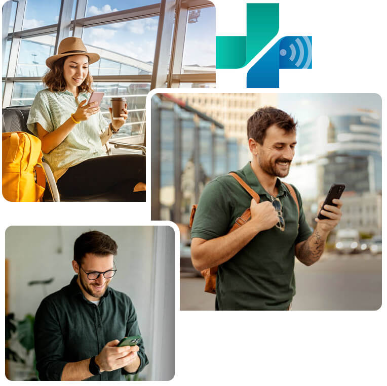 Collage with man on laptop, woman on phone on a boat, and man walking in city