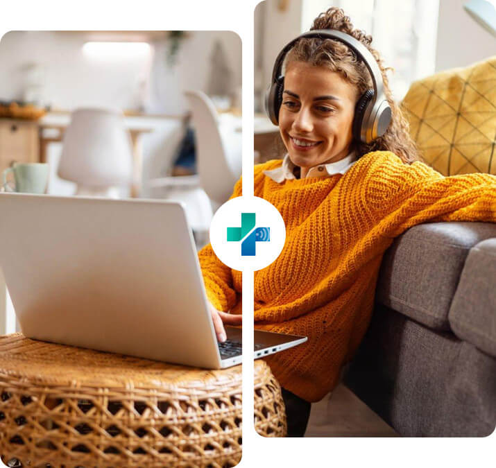 Girl with headphones on laptop sitting on the floor