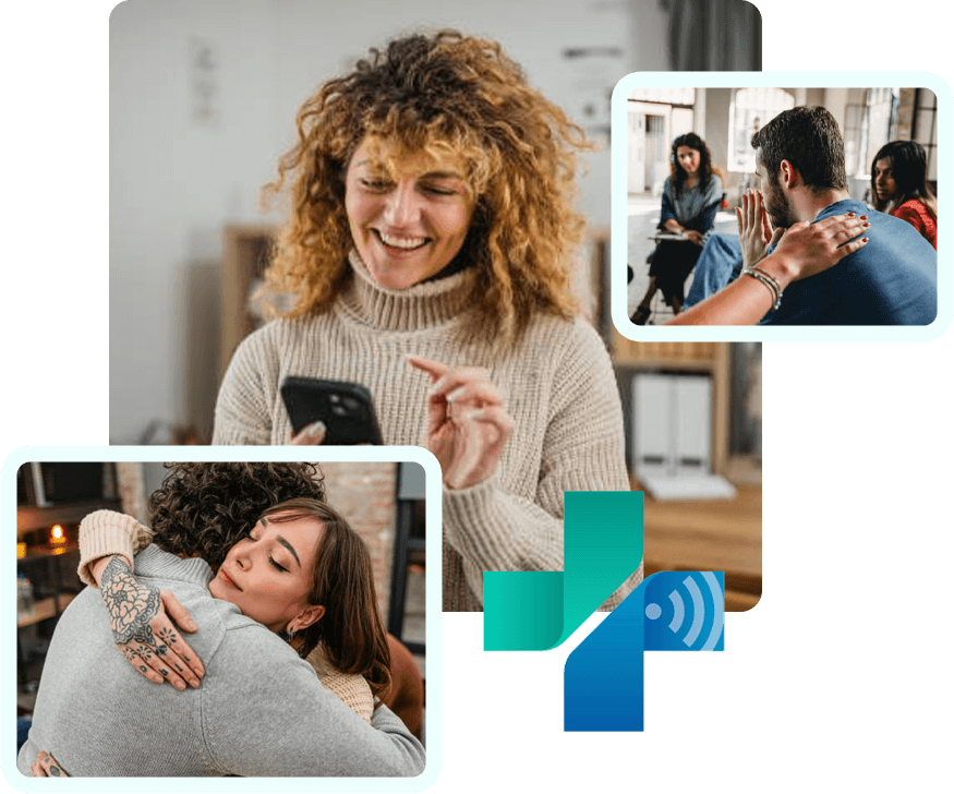 Collage of people on phones and hugging in group therapy