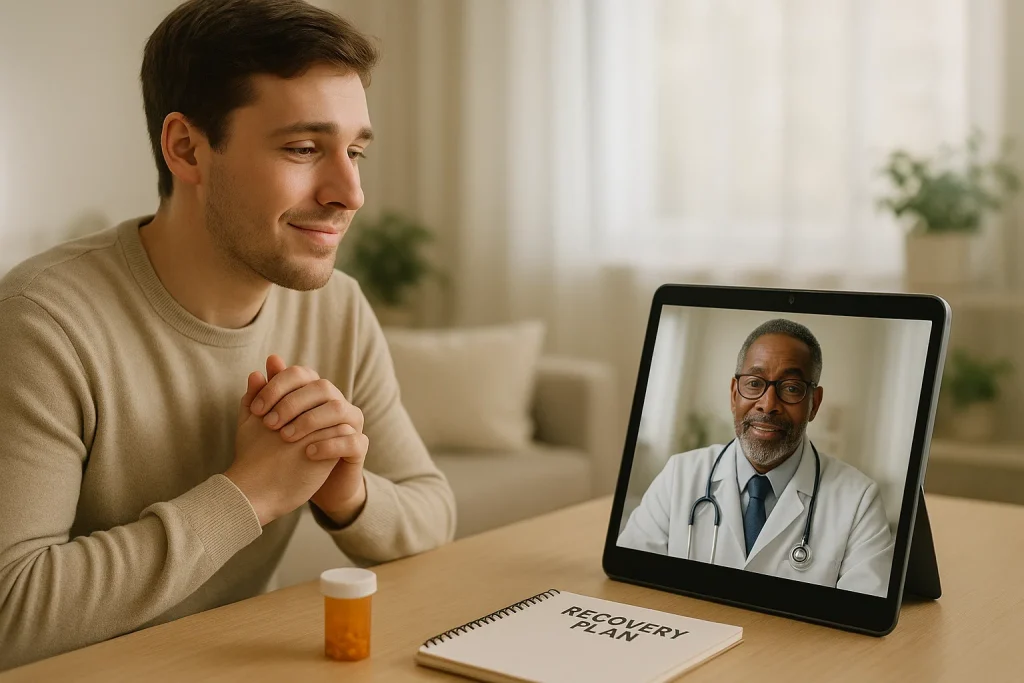 Telehealth addiction care session between recovery doctor and patient via video call, representing virtual substance abuse treatment