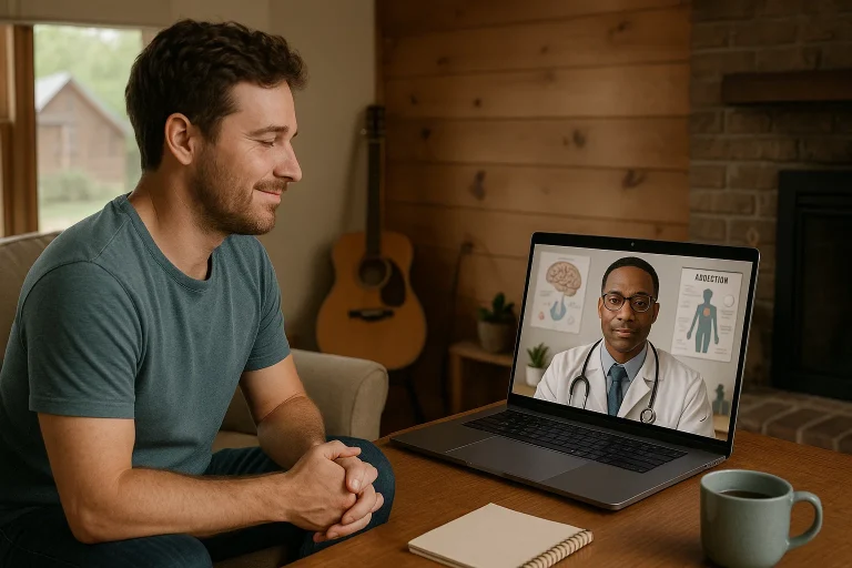 A telehealth doctor provides virtual addiction treatment to a patient in Tennessee through an online video session.