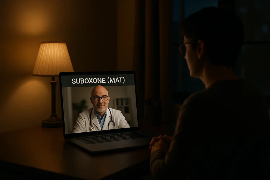 Person attending an evening Suboxone telehealth appointment from home