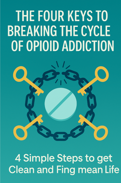 Four illustrated keys to opioid recovery: motivation, Suboxone treatment, group therapy, and behavior change