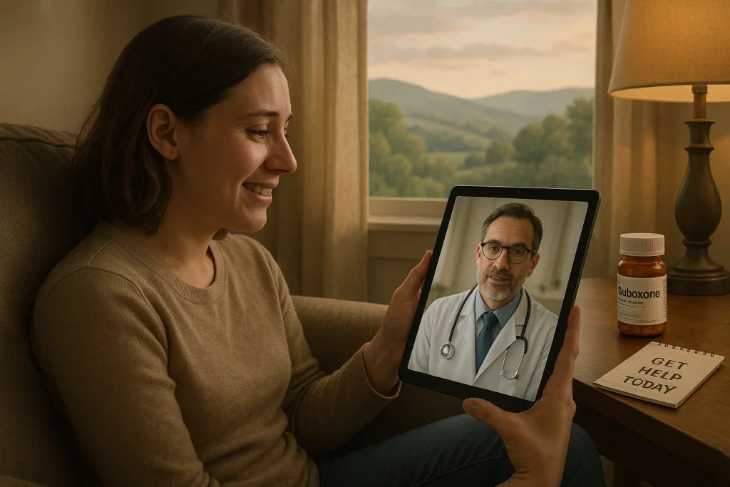 A woman in Tennessee getting private Suboxone MAT help online using her tablet.