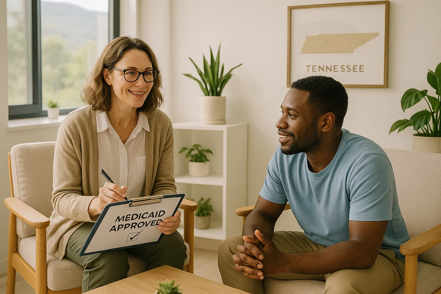 Tennessee outpatient addiction clinic providing Medicaid-covered therapy with a licensed counselor and a patient in session