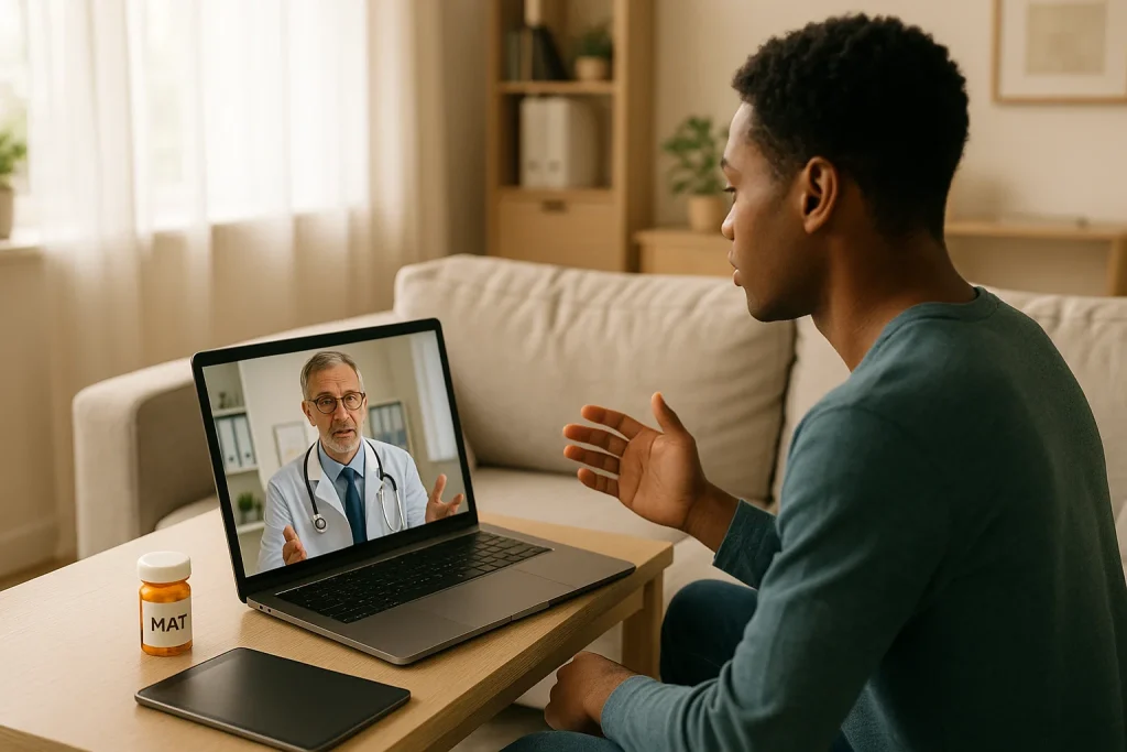 A telehealth addiction doctor conducting a virtual consultation with a patient in a home setting.
