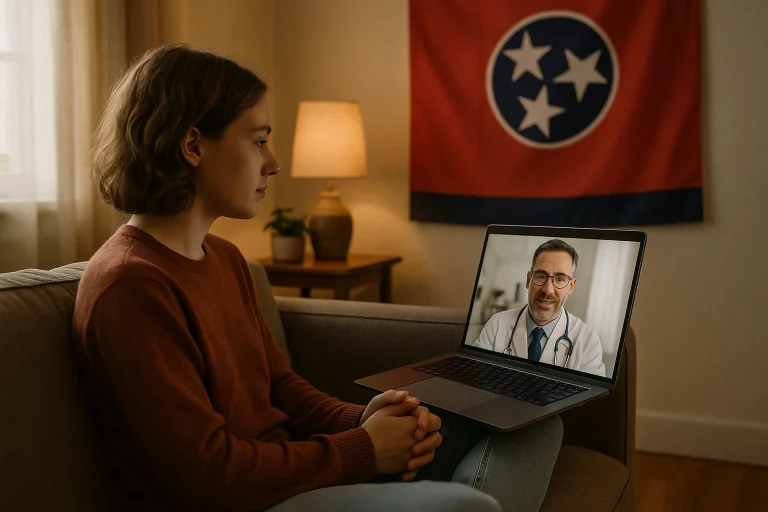 Person receiving online addiction help in Tennessee via telehealth session on a laptop