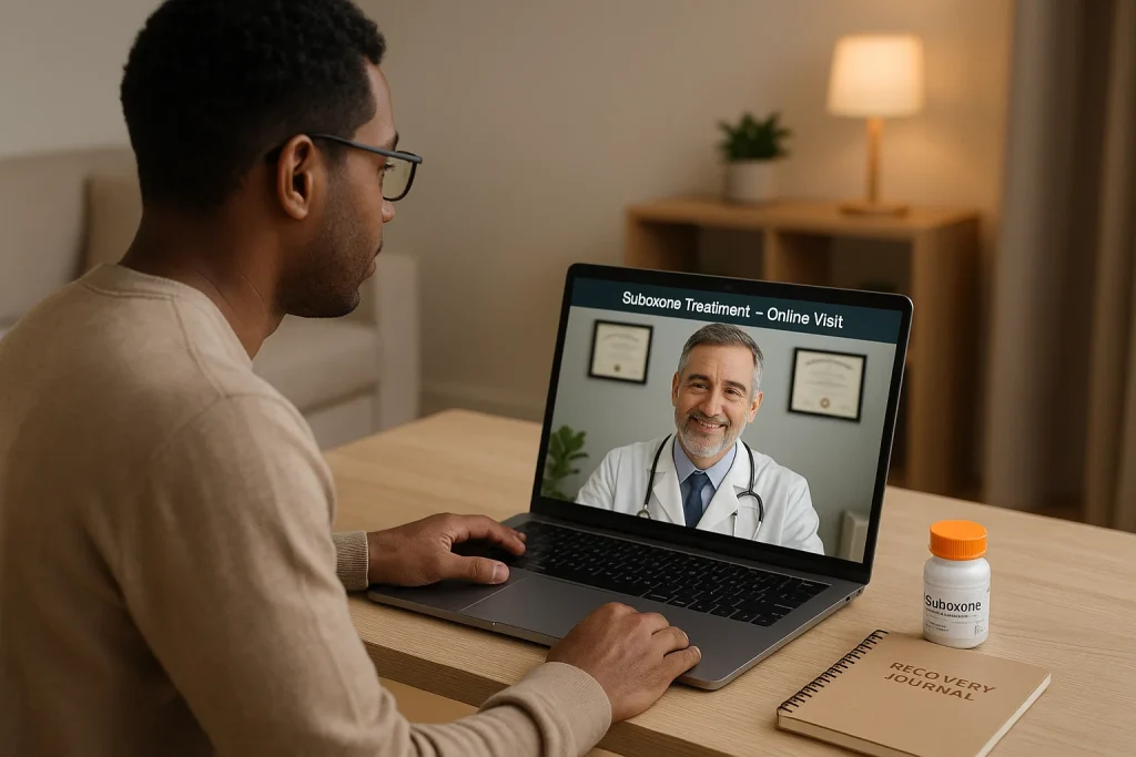 A patient attends a virtual Suboxone clinic appointment from home using a laptop.