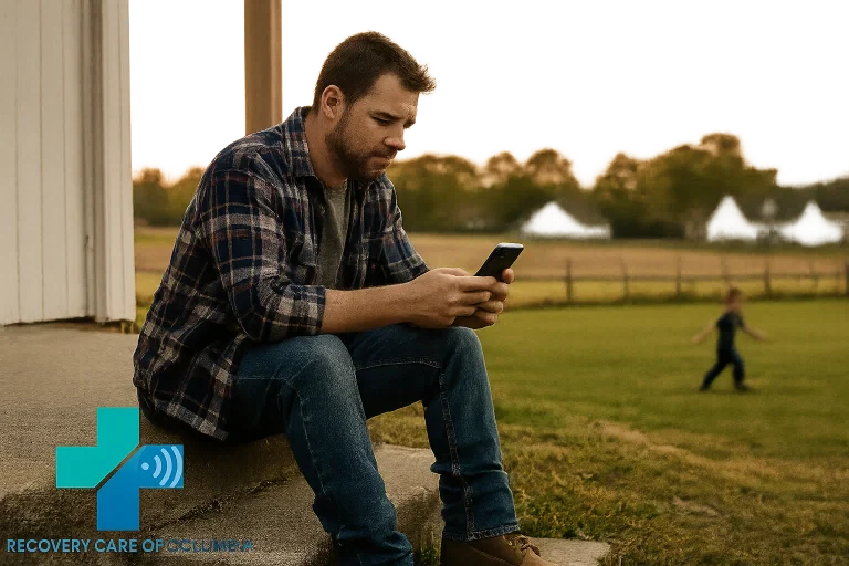 Man in rural Tennessee researching outpatient Suboxone treatment on smartphone with child playing in the background