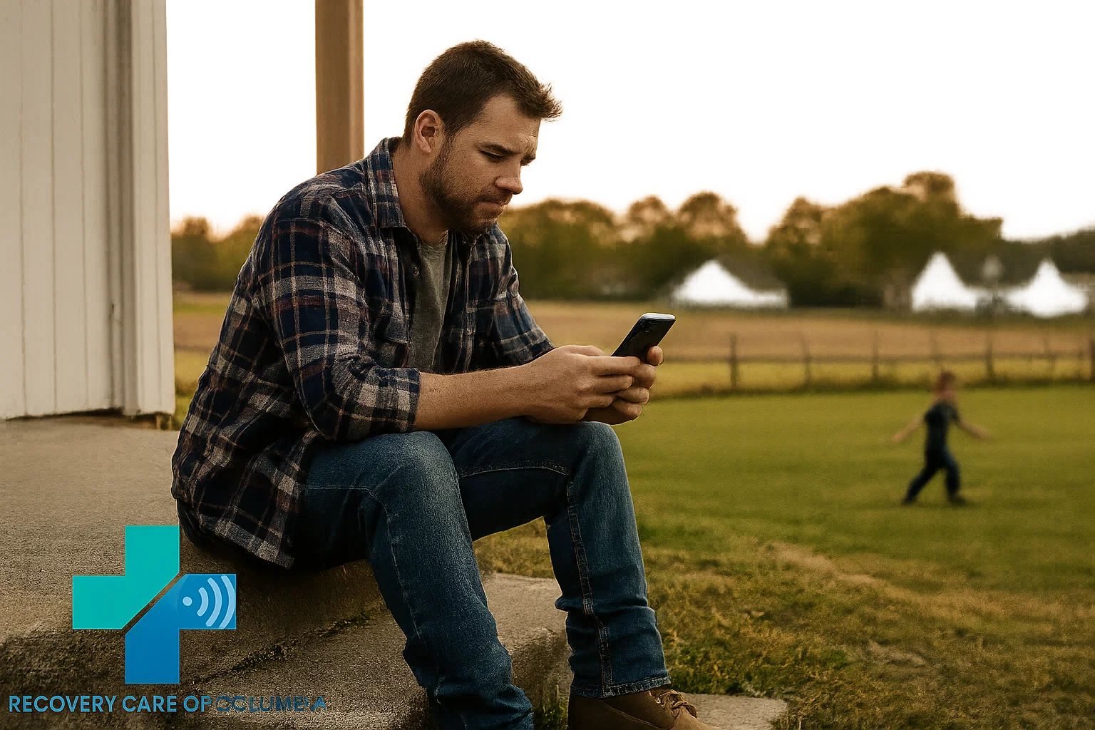 Man in rural Tennessee researching outpatient Suboxone treatment on smartphone with child playing in the background