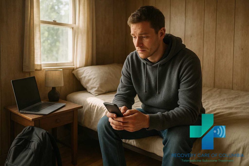 Patient on a laptop having a same day virtual MAT appointment for Suboxone treatment in Tennessee