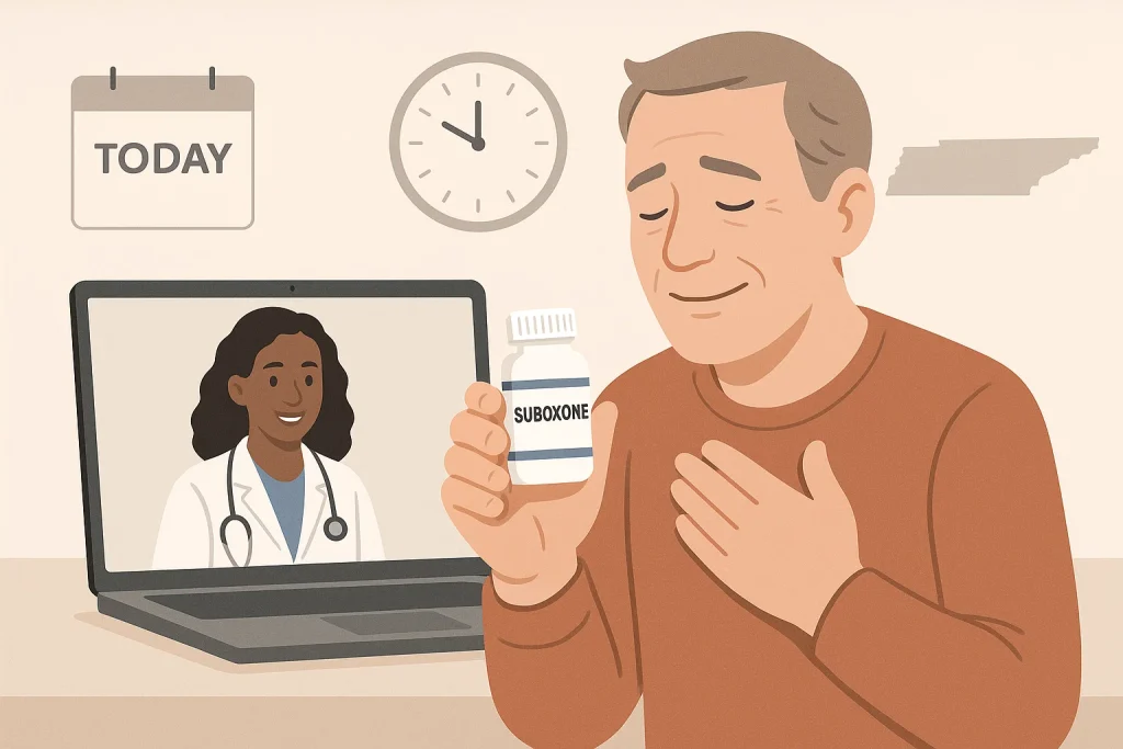 Patient meeting with doctor on screen for same day Suboxone treatment at home
