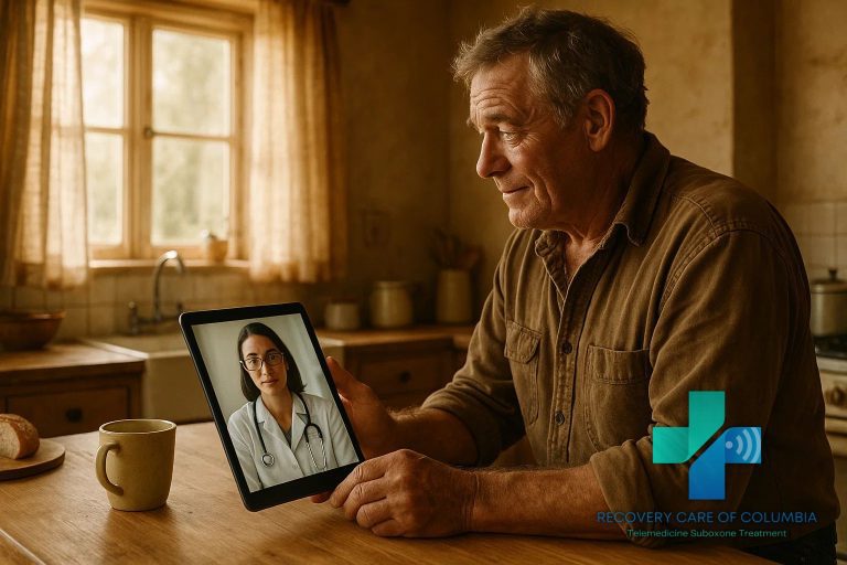 Rural Tennessee resident using laptop for same day Suboxone treatment online