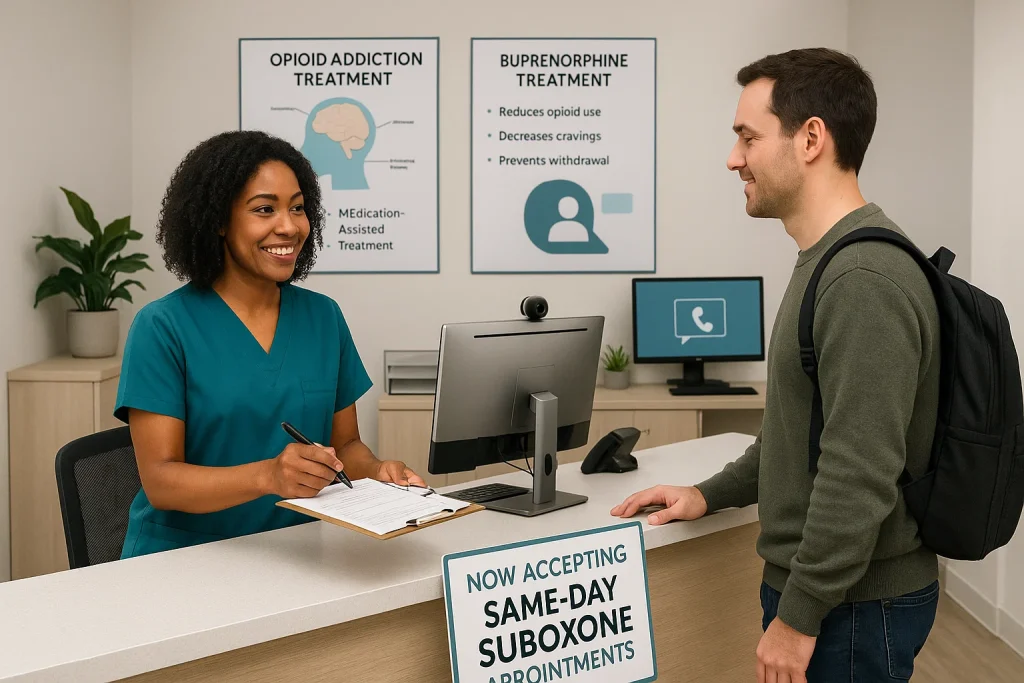 Patient checking in for same-day Suboxone appointment at Recovery Care of Columbia outpatient clinic