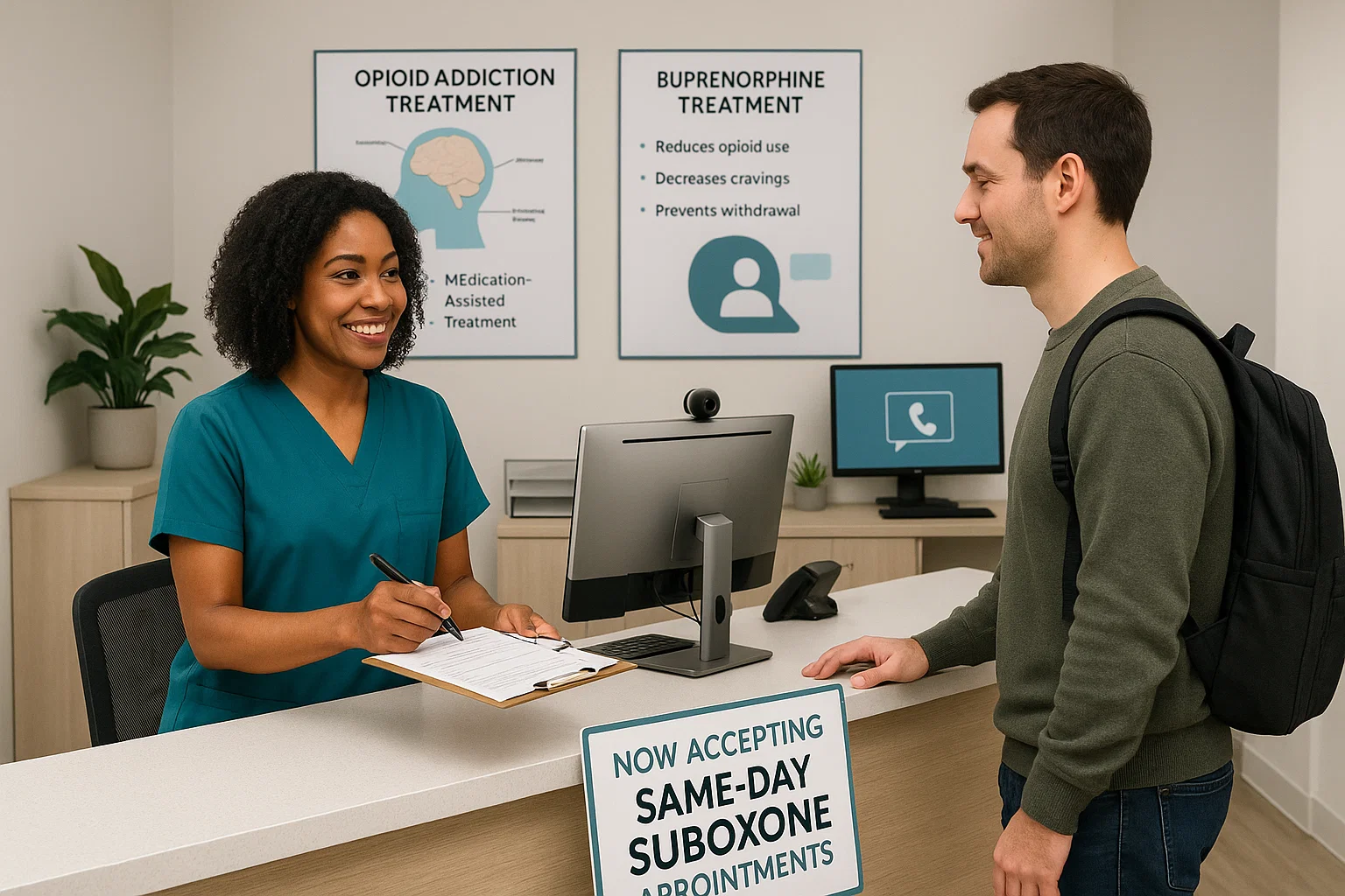 Patient checking in for same-day Suboxone appointment at Recovery Care of Columbia outpatient clinic
