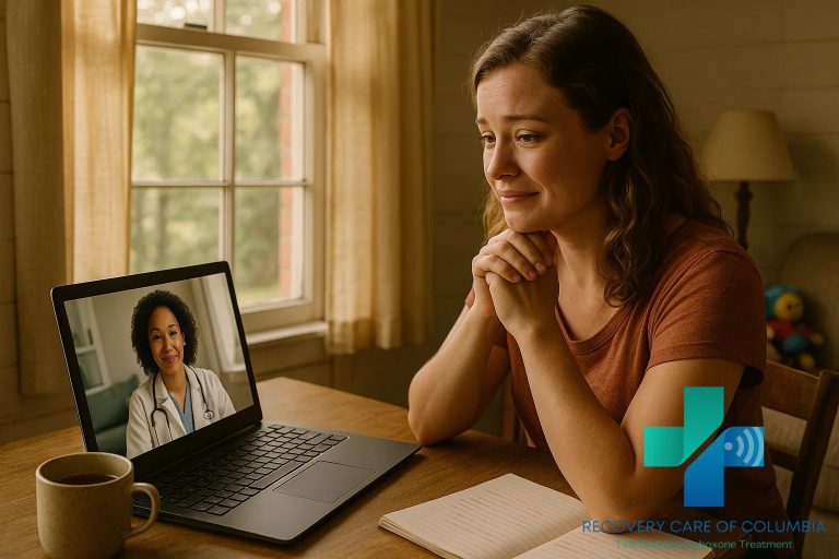 Young woman using laptop for virtual Suboxone treatment in a warm Tennessee home