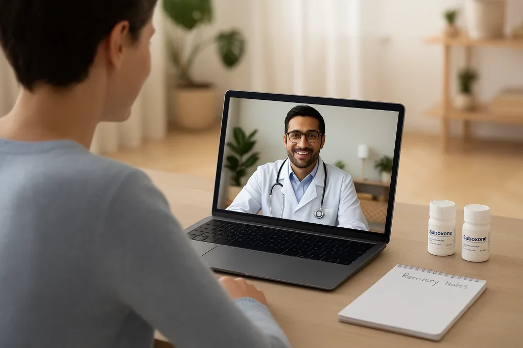 Patient attending a Suboxone video appointment with a virtual doctor via telehealth