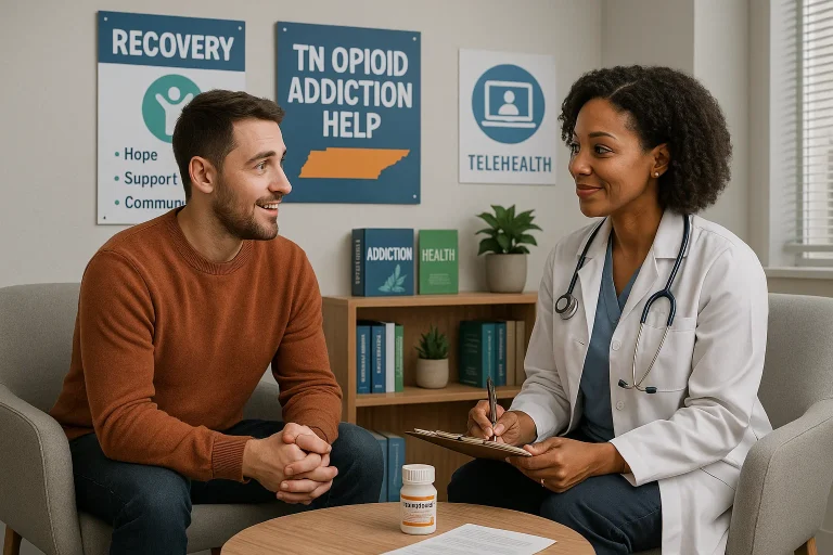 Person using smartphone at home for virtual opioid addiction help in Tennessee